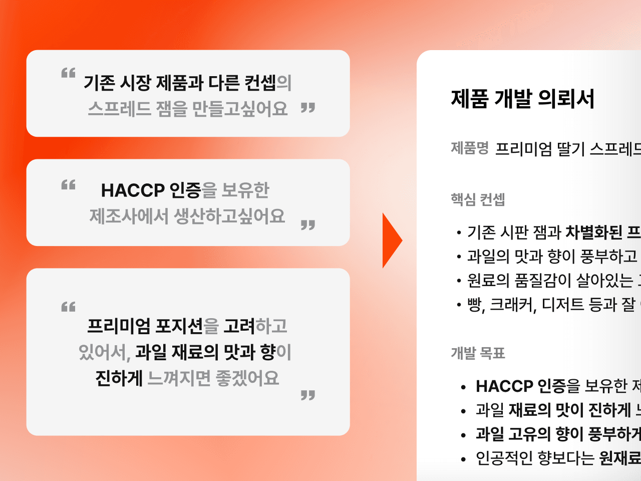 개발 의뢰 내용을 제품 개발 의뢰서로 구조화하는 예시