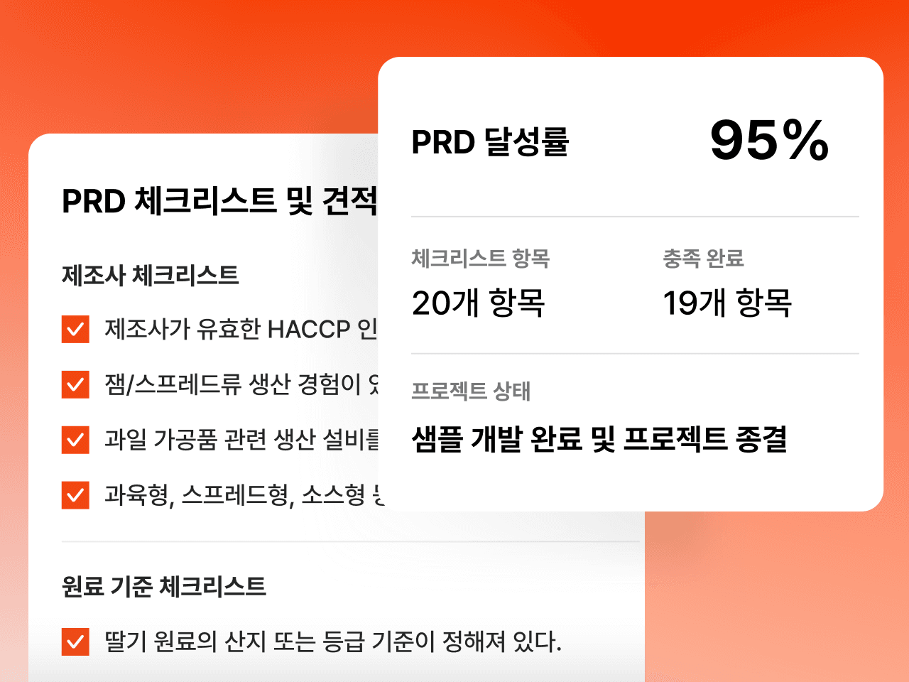 PRD 달성률과 프로젝트 종료 상태를 보여주는 예시
